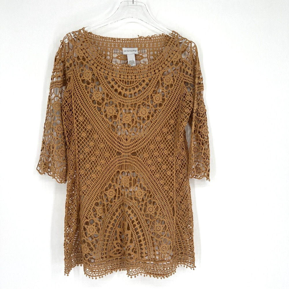 Soft Surroundings Top Womens M Brown Boho Lace Blouse‎ Indie Festival Coverup